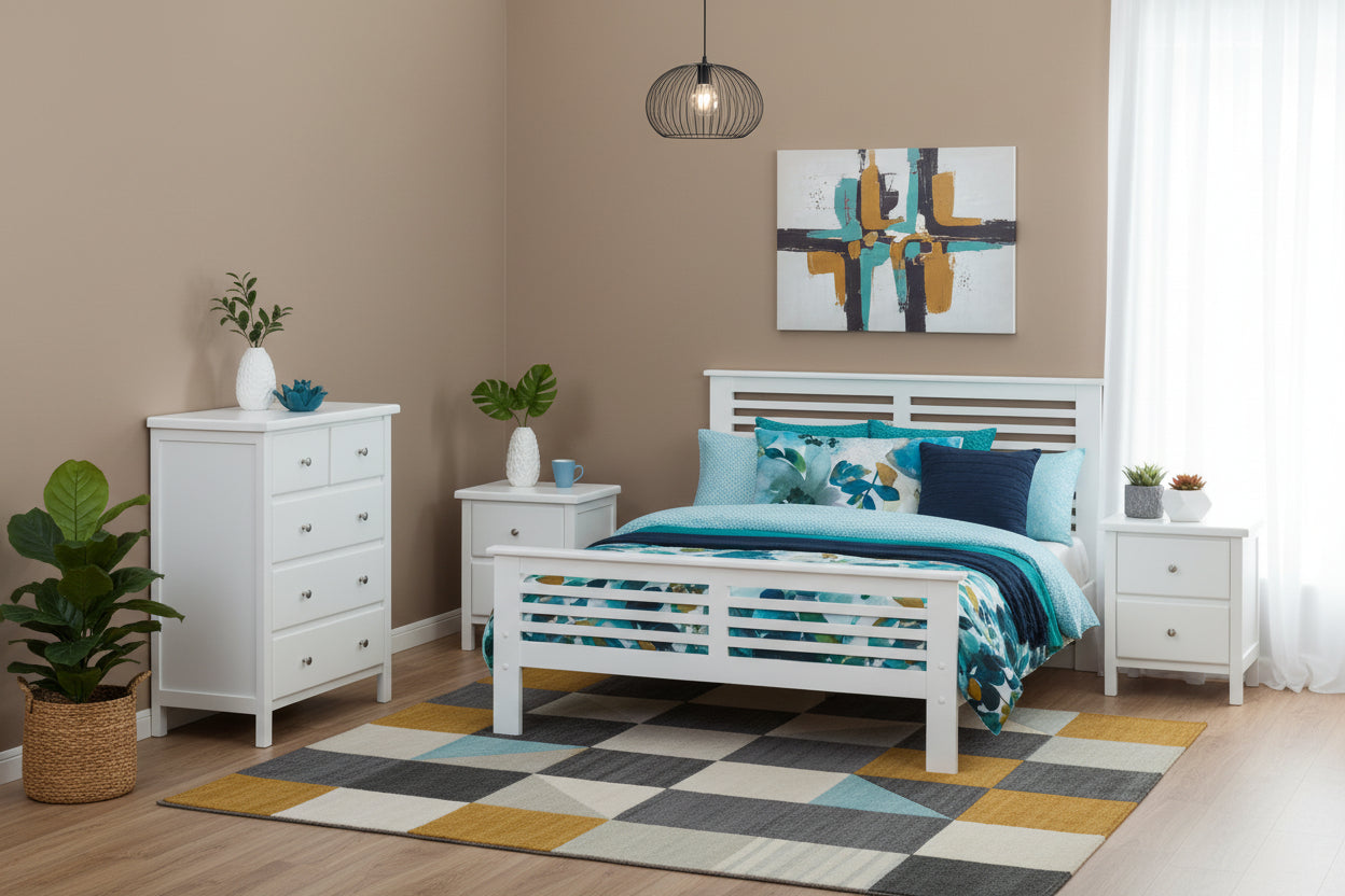 Beach House Bed Frame, bedside table and tallboy